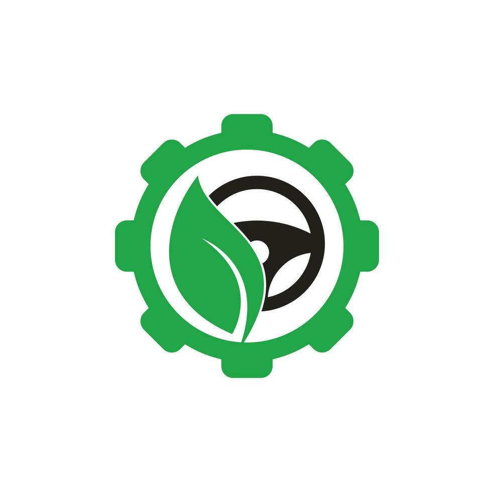 Eco steering wheel gear shape vector logo design. Steering wheel and eco symbol or icon