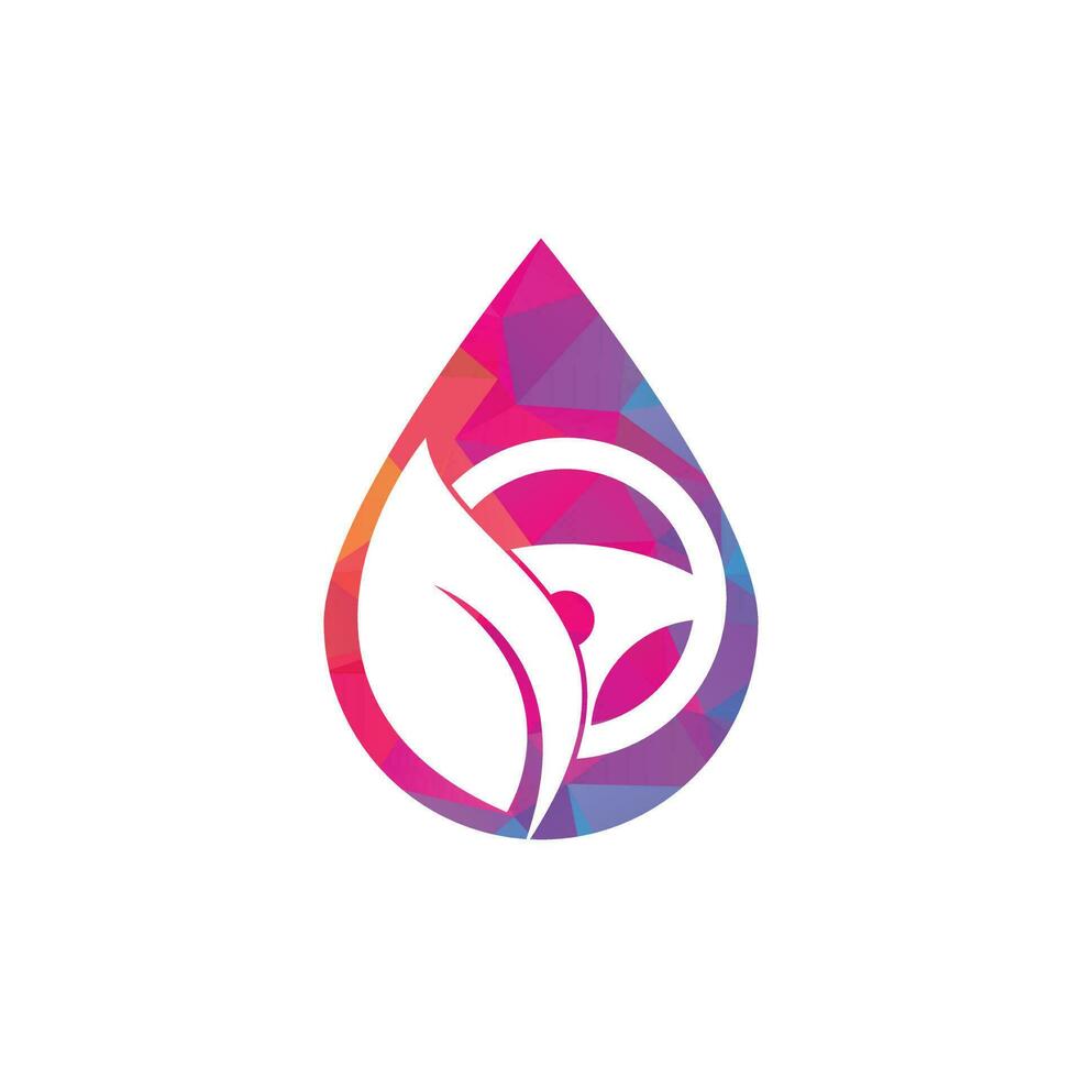 Eco steering wheel drop shape vector logo design. Steering wheel and eco symbol or icon