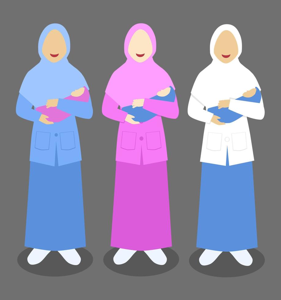 conjunto de ilustración de personajes de partera musulmana con bebé vector