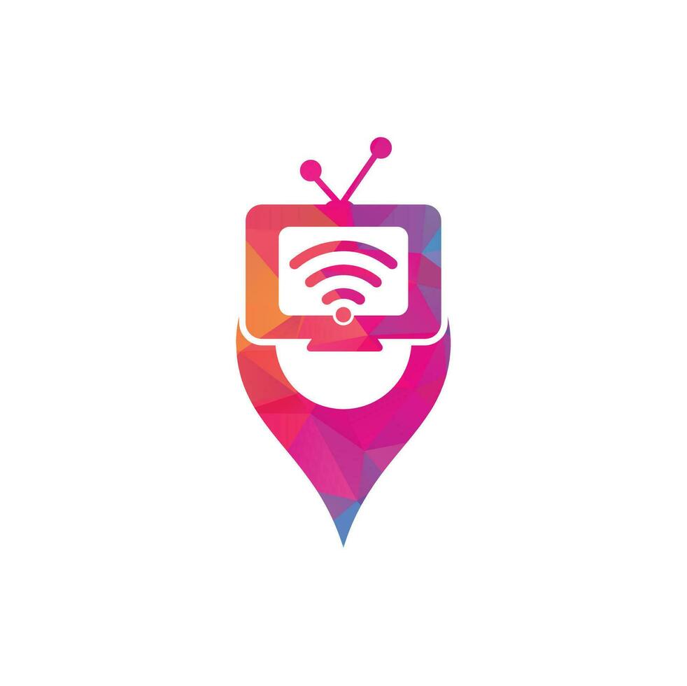 vector de logotipo de concepto de forma de pin de mapa de tv y wifi. símbolo o icono de televisión y señal. logotipo único de medios y radio