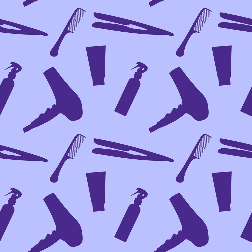 Professional hairdresser tools Barbershop Beauty Hairdressing salon, hair straighteners, curling tongs, scissors Design for print. Vector Seamless pattern