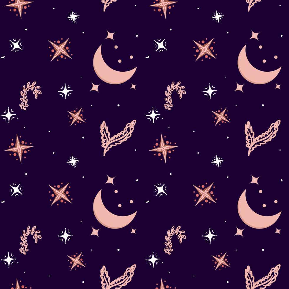 Hygge bakground. Hygge Autumn and winter pattern. Cute and cosy vector seamless pattern. Illustration of moon, clouds, rainbow.