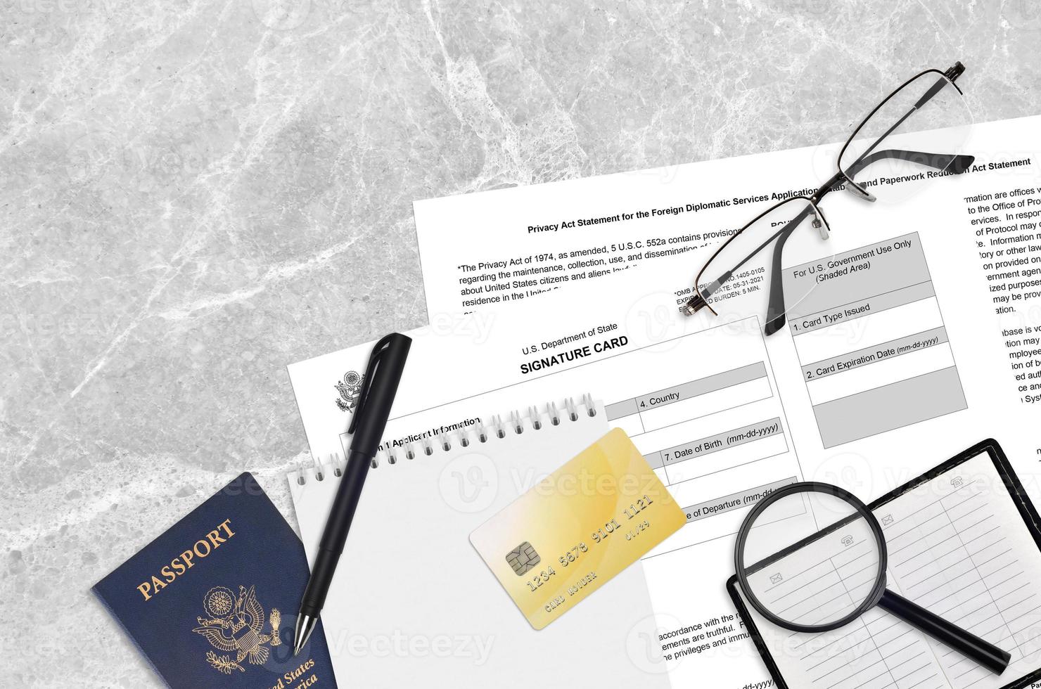 Department of State form DS4139 Signature card lies on table and ready to fill. Paperwork during operations with US Passport concept photo