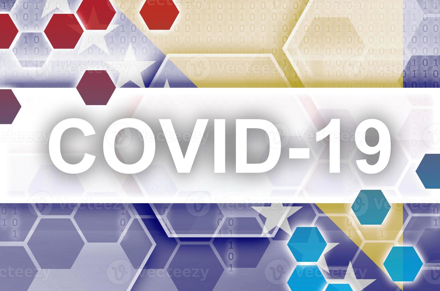 Bosnia and Herzegovina flag and futuristic digital abstract composition with Covid-19 inscription. Coronavirus outbreak concept photo