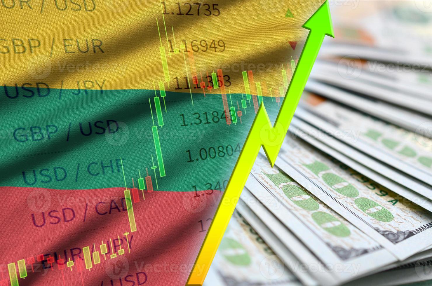 Lithuania flag and chart growing US dollar position with a fan of dollar bills photo