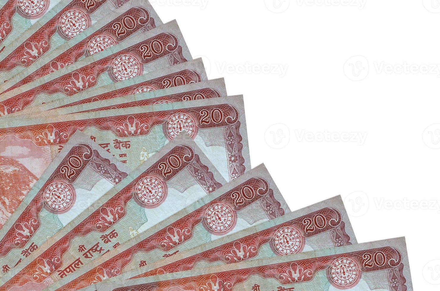 20 Nepalese rupees bills lies isolated on white background with copy space stacked in fan close up photo