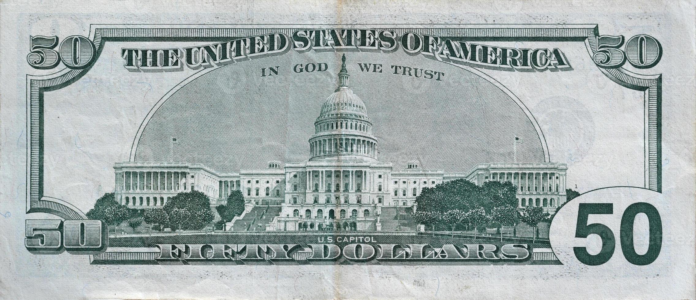 capitolio de EE. UU. en billete de 50 dólares fragmento de macro de primer plano de la parte posterior. billete de cincuenta dolares de estados unidos foto