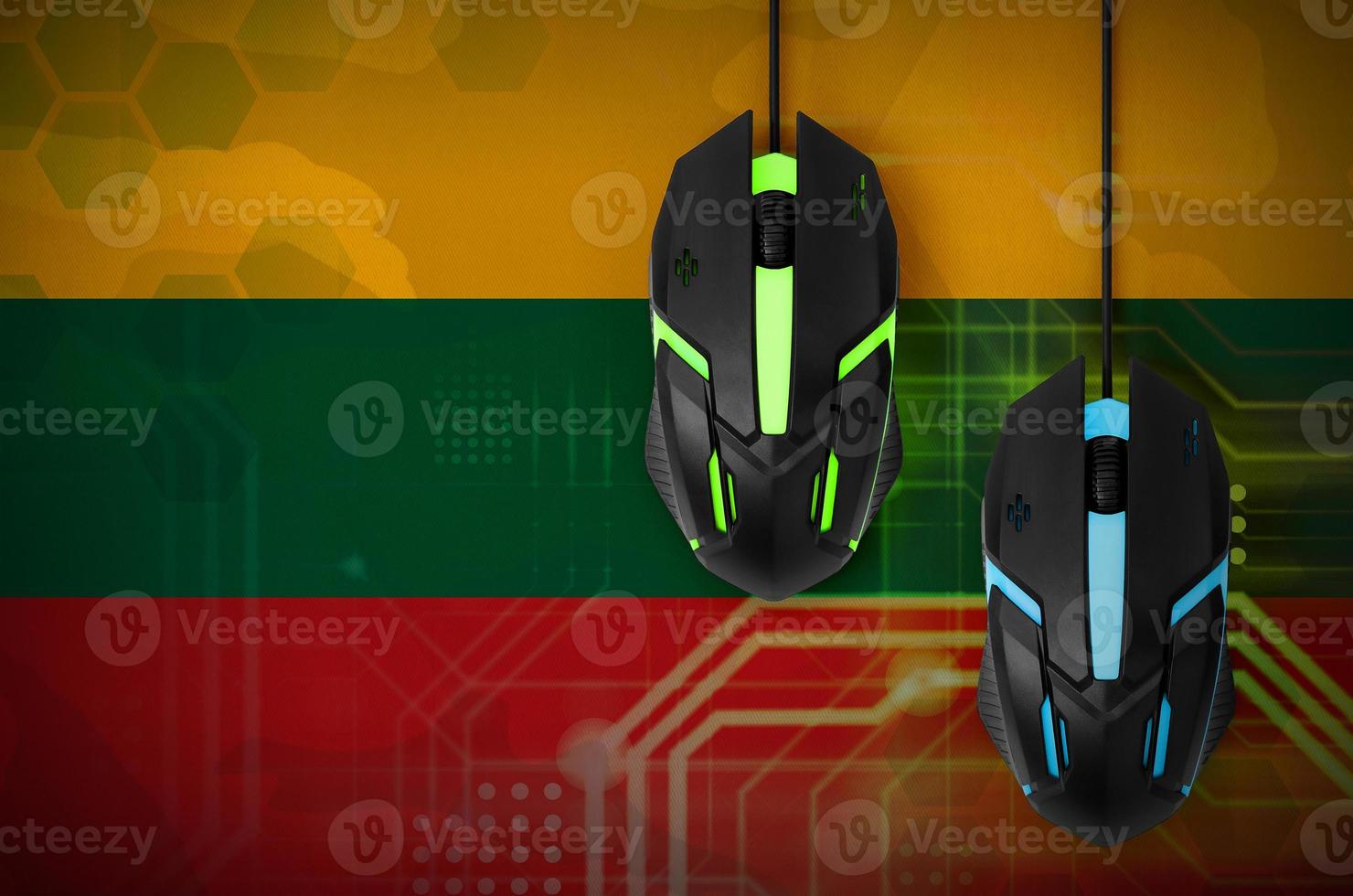 Lithuania flag  and two mice with backlight. Online cooperative games. Cyber sport team photo