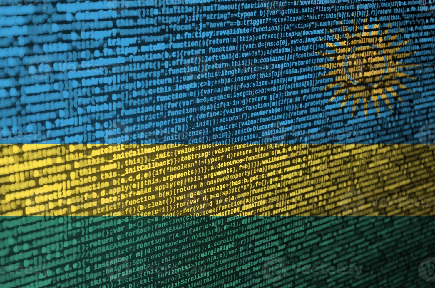 Rwanda flag  is depicted on the screen with the program code. The concept of modern technology and site development photo