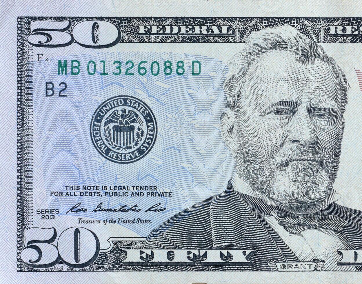 retrato del presidente estadounidense ulysses simpson grant en billete de 50 dólares primer fragmento de macro. billete de cincuenta dolares de estados unidos foto