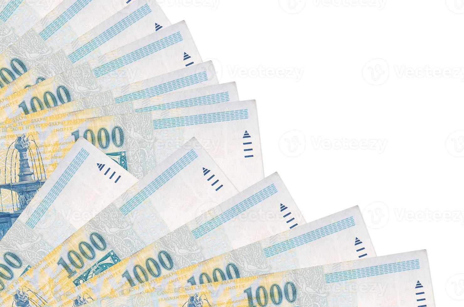 1000 Hungarian forint bills lies isolated on white background with copy space stacked in fan close up photo