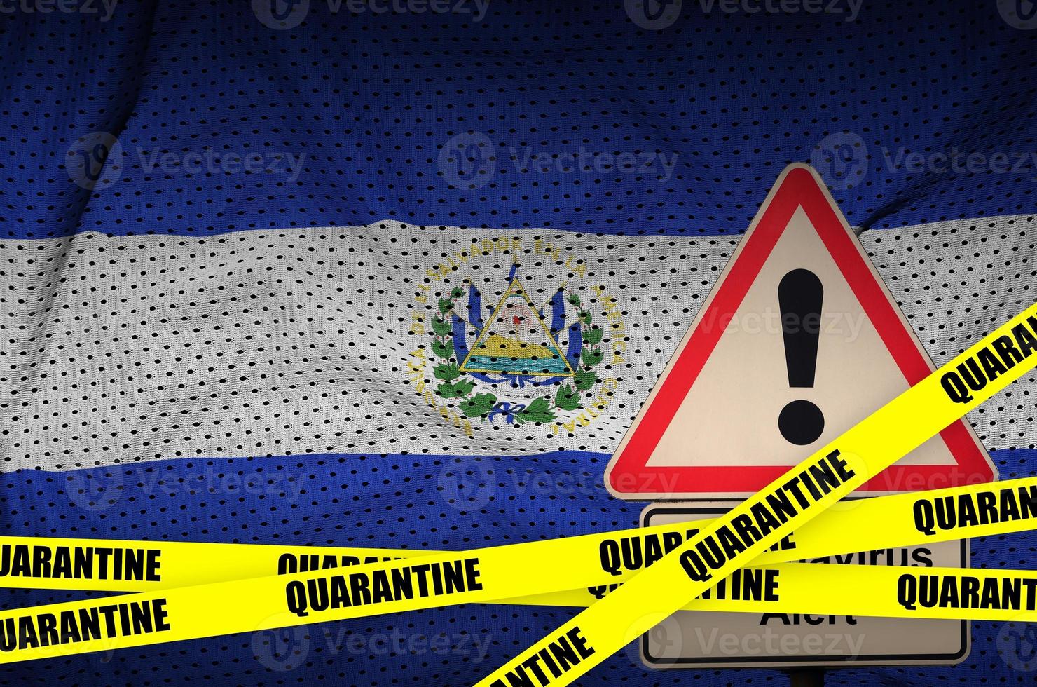 El Salvador flag and Covid-19 quarantine yellow tape. Coronavirus or 2019-nCov virus photo