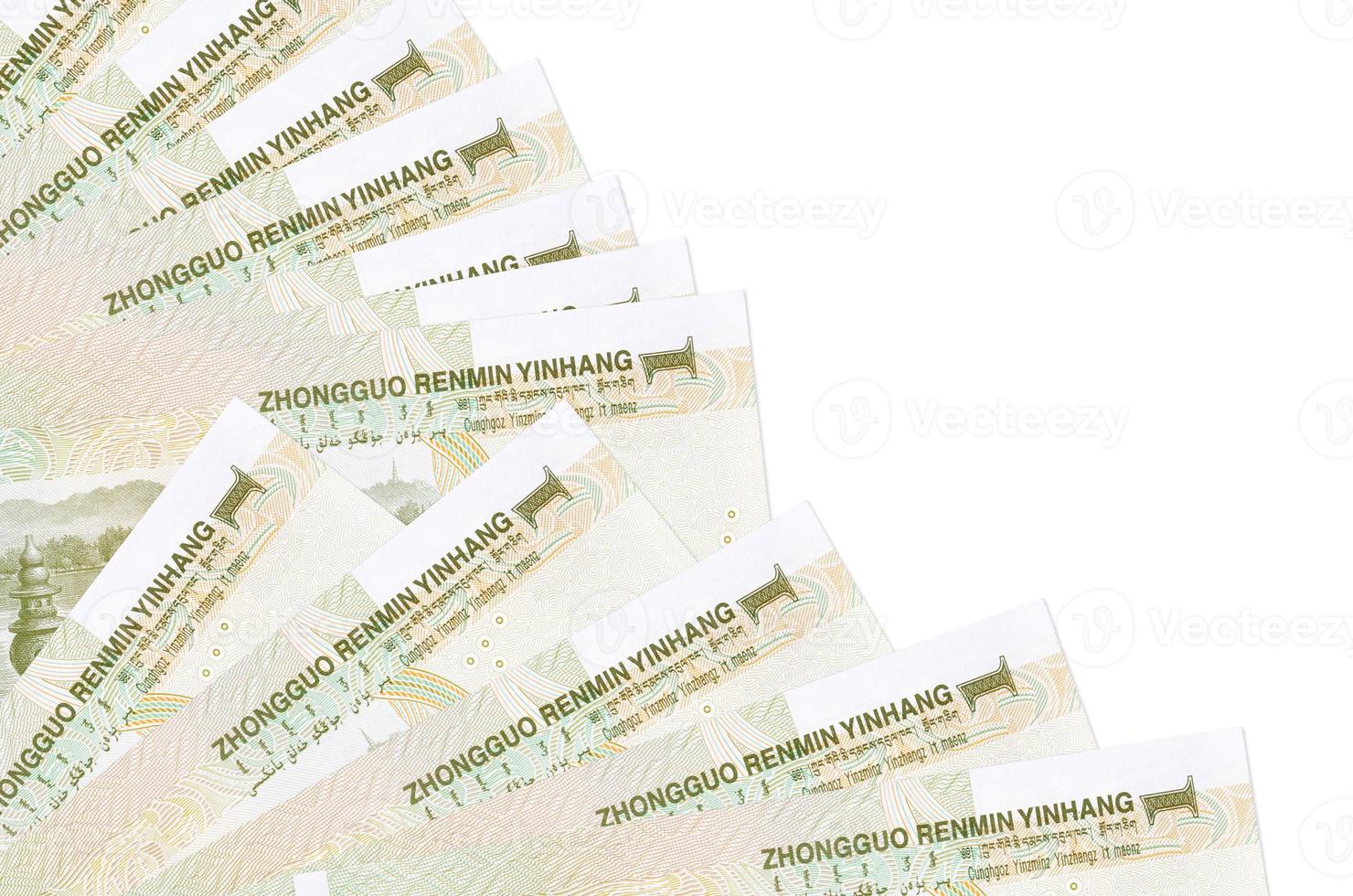 1 Chinese yuan bills lies isolated on white background with copy space stacked in fan close up photo