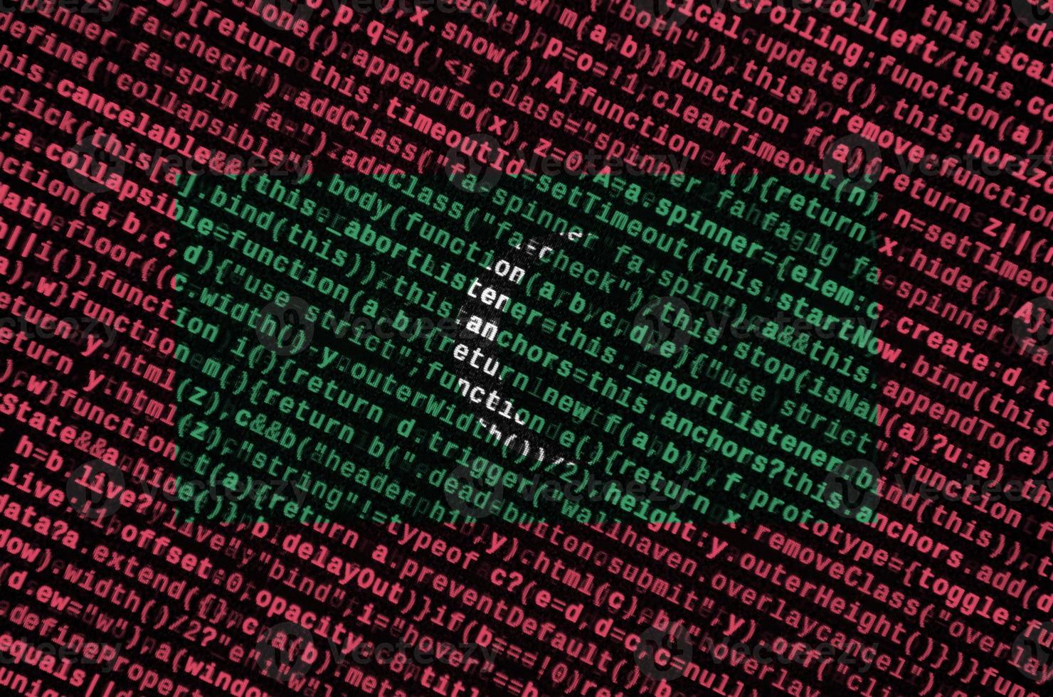 Maldives flag  is depicted on the screen with the program code. The concept of modern technology and site development photo