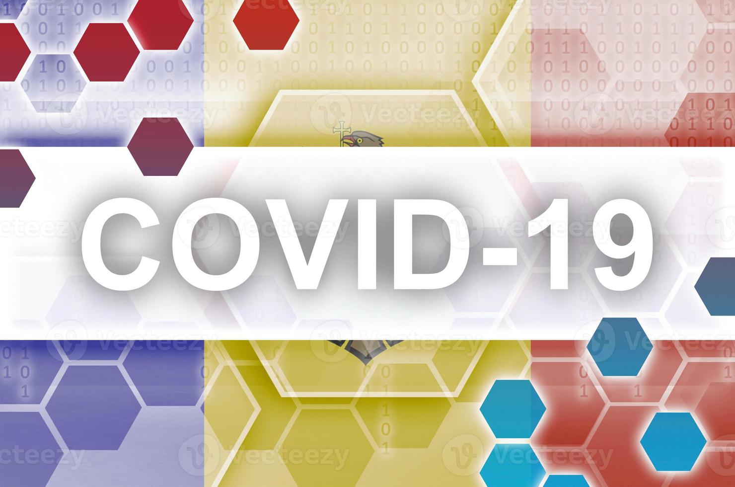 Moldova flag and futuristic digital abstract composition with Covid-19 inscription. Coronavirus outbreak concept photo