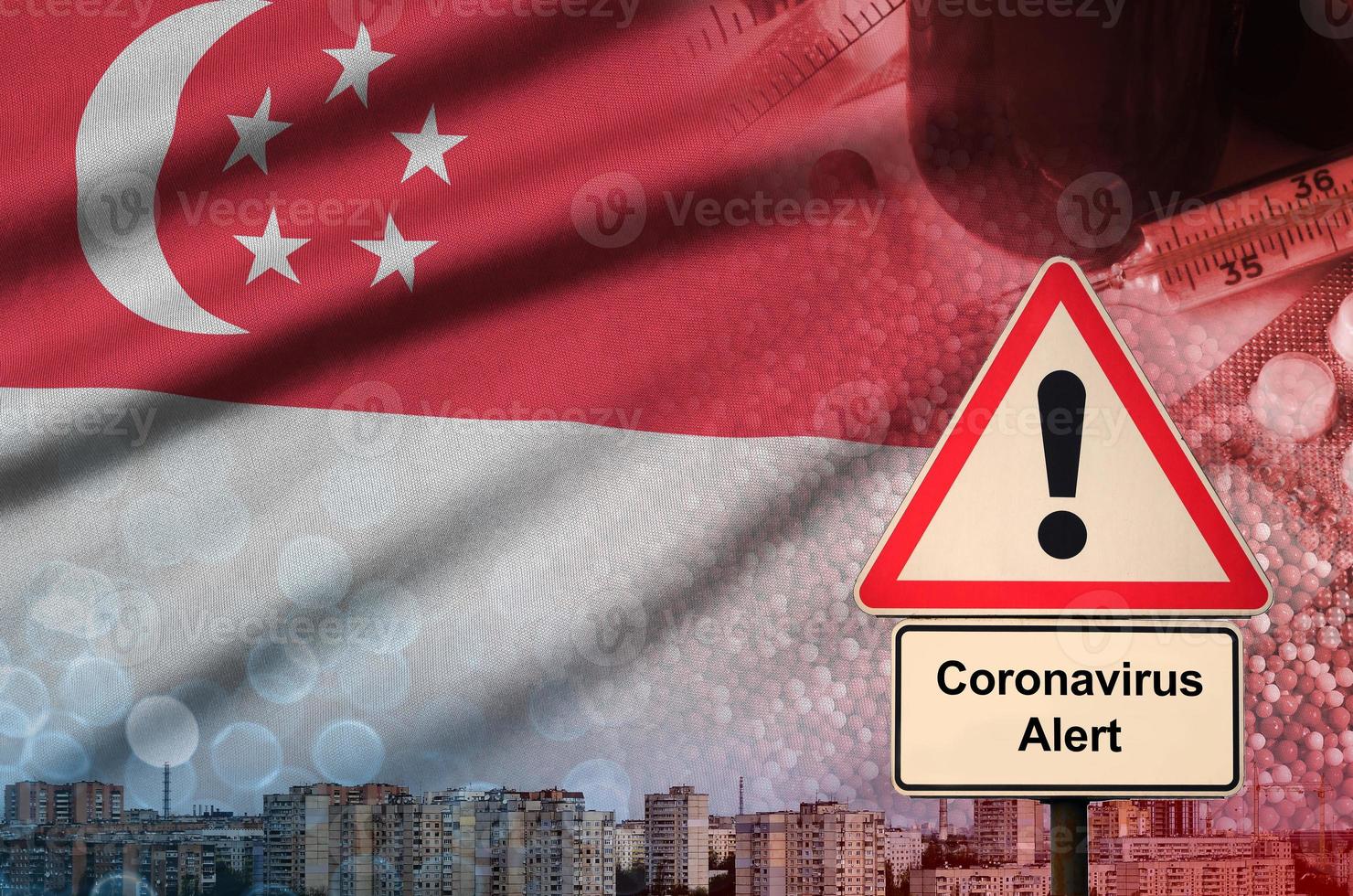 Singapore flag and Coronavirus 2019-nCoV alert sign. Concept of high probability of novel coronavirus outbreak through traveling tourists photo
