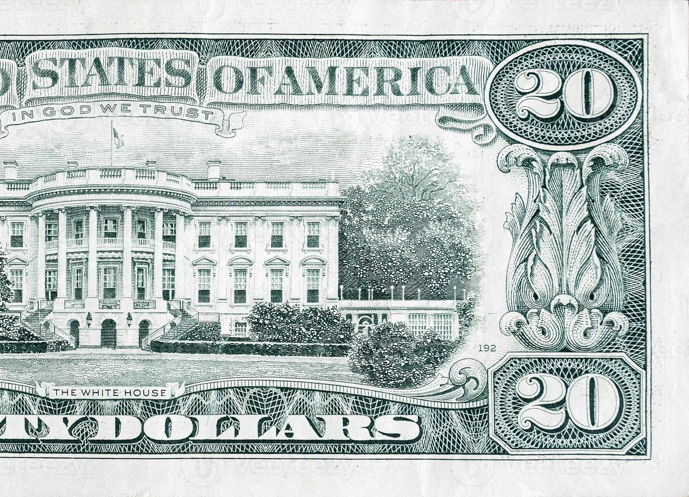 US 20 dollars banknote with white house closeup macro bill fragment photo