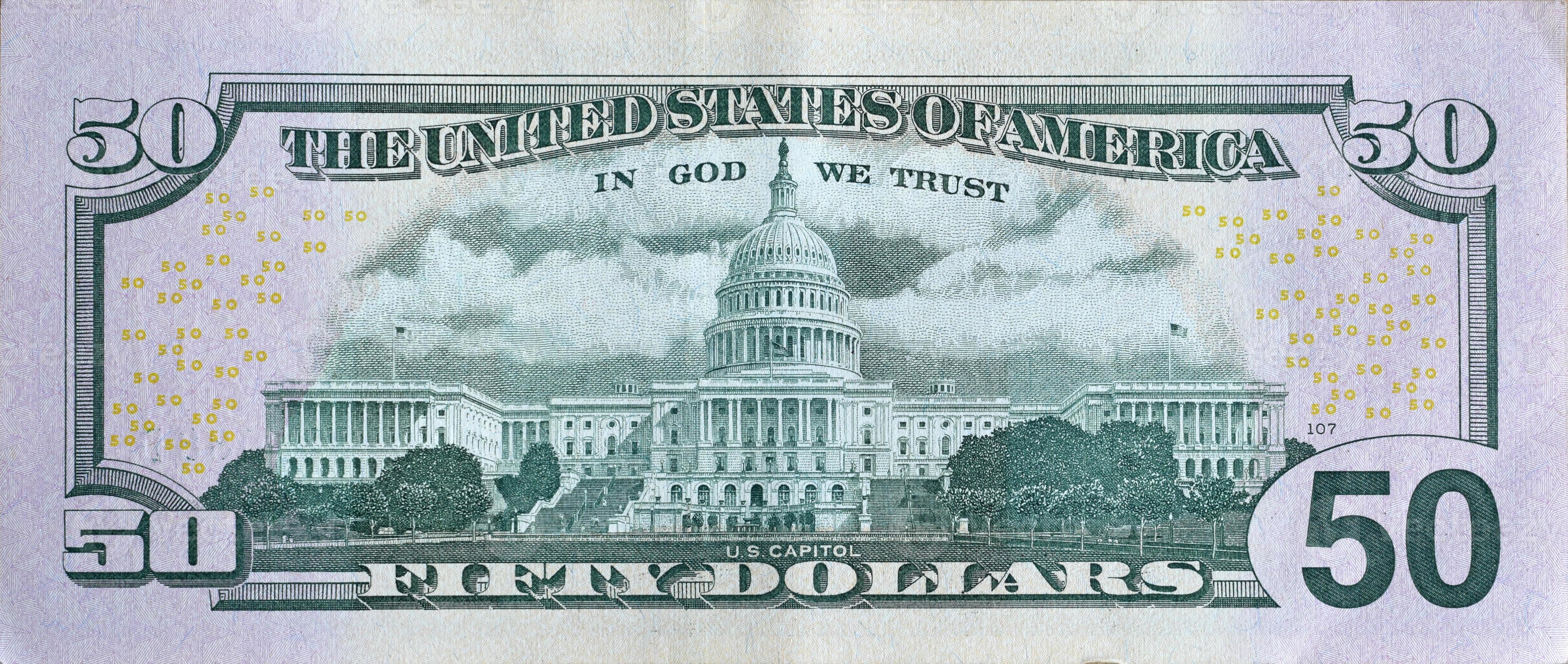 US Capitol On 50 Dollars Banknote Back Side Closeup Macro Fragment 