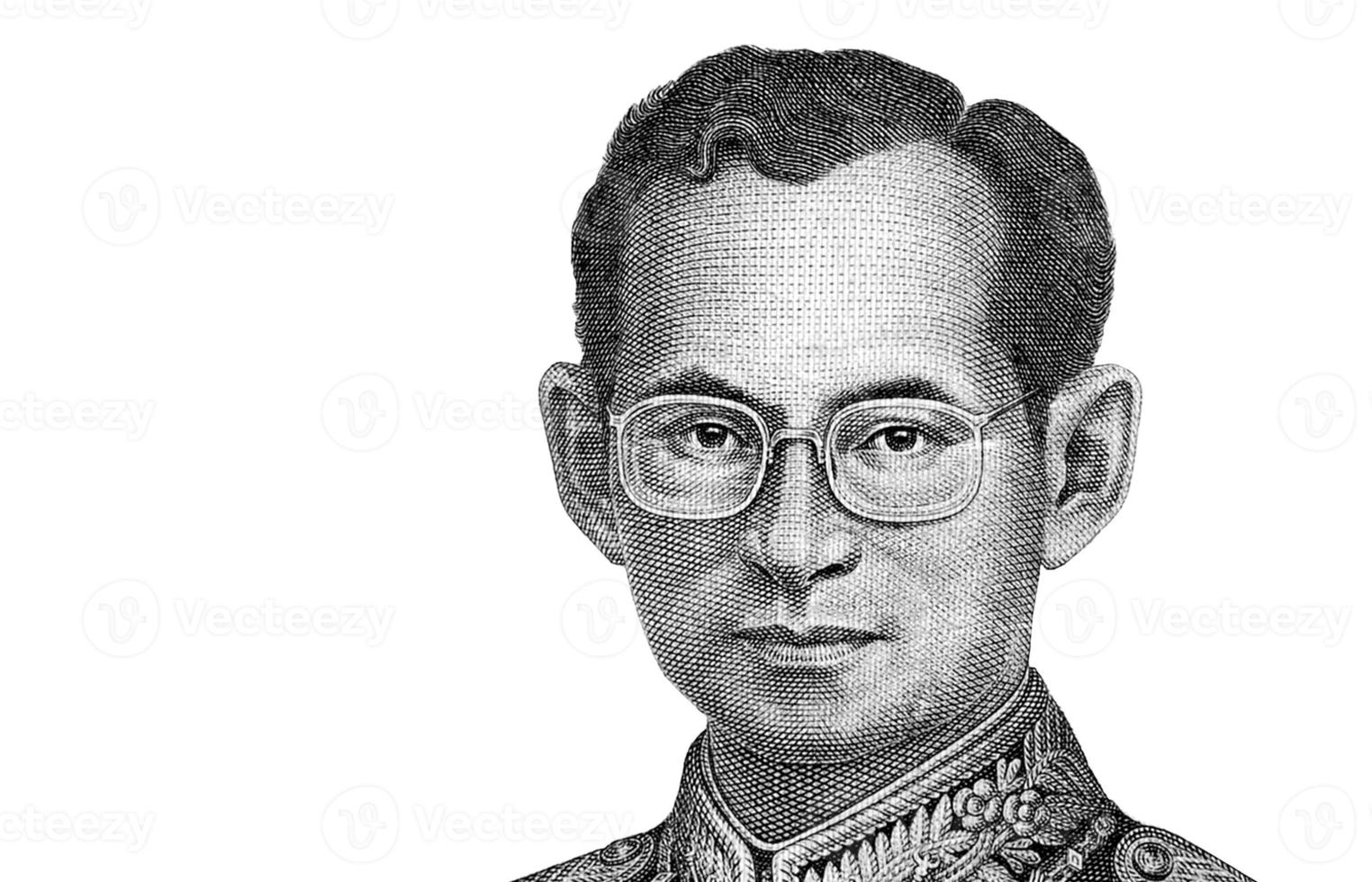 Portrait of King Bhumibol Adulyadej from 50 Baht Thailand money bill close up isolated on white photo