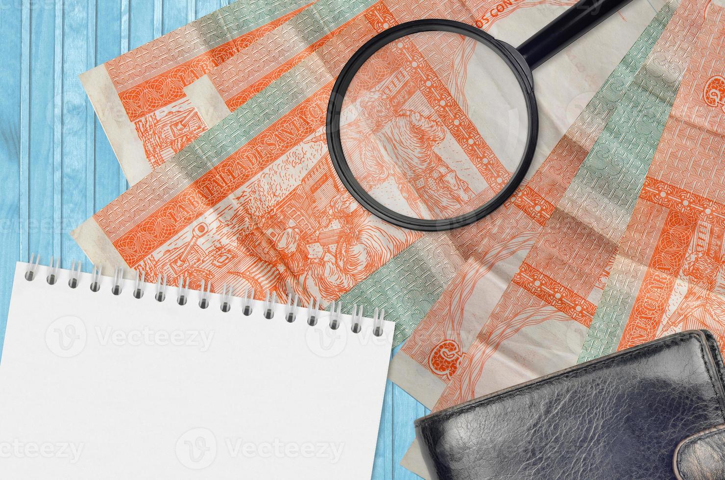 3 cuban pesos convertibles bills and magnifying glass with black purse and notepad. Concept of counterfeit money. Search for differences in details on money bills to detect fake photo