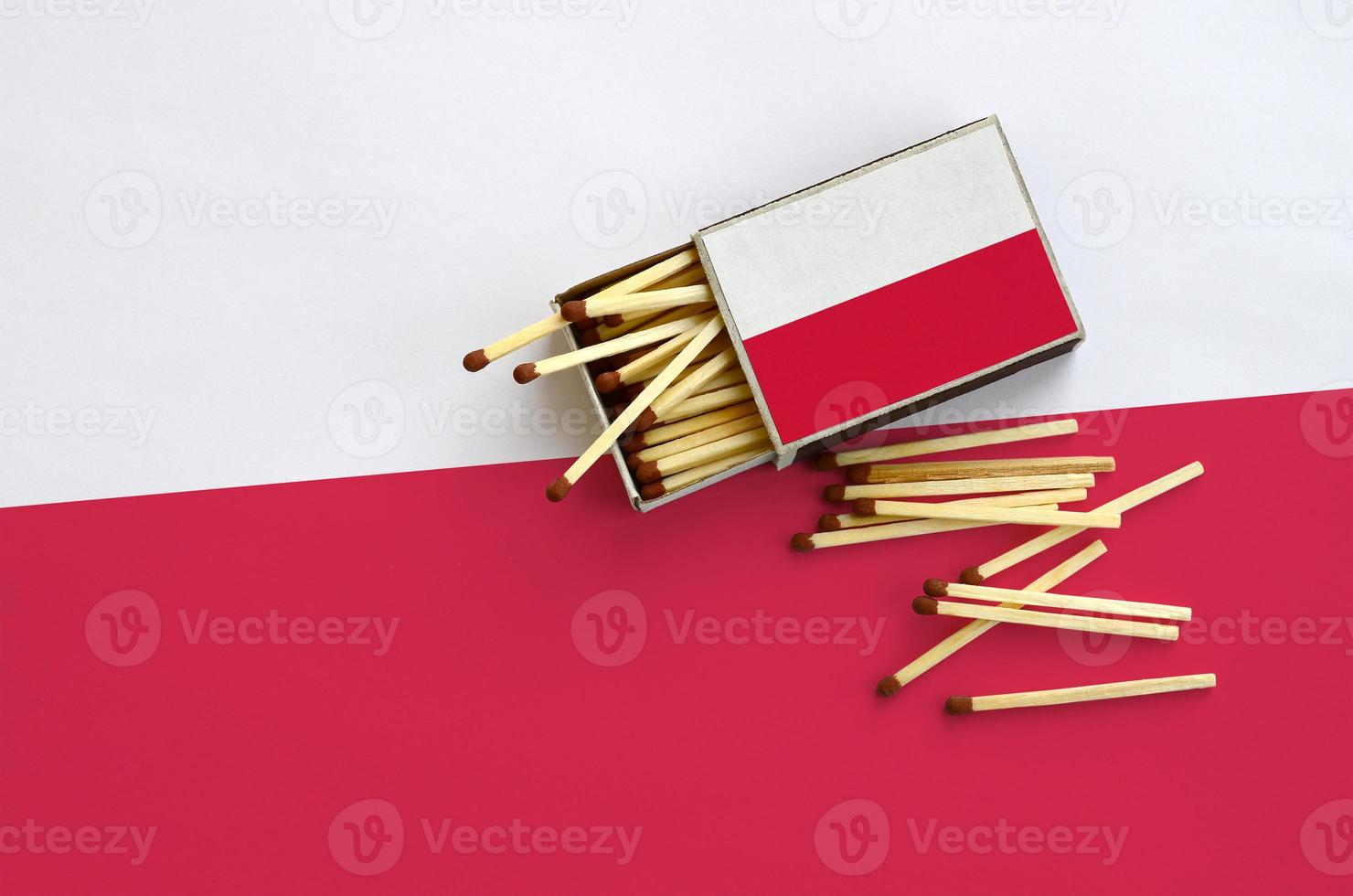 Poland flag  is shown on an open matchbox, from which several matches fall and lies on a large flag photo