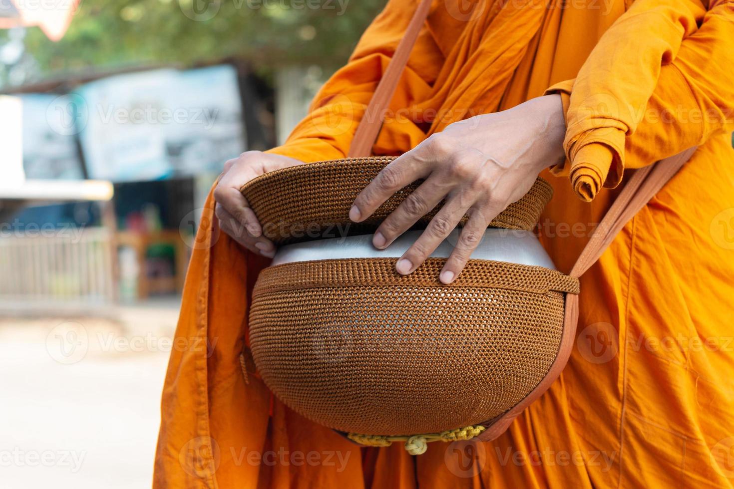 buddhist monk alms round in the morning photo