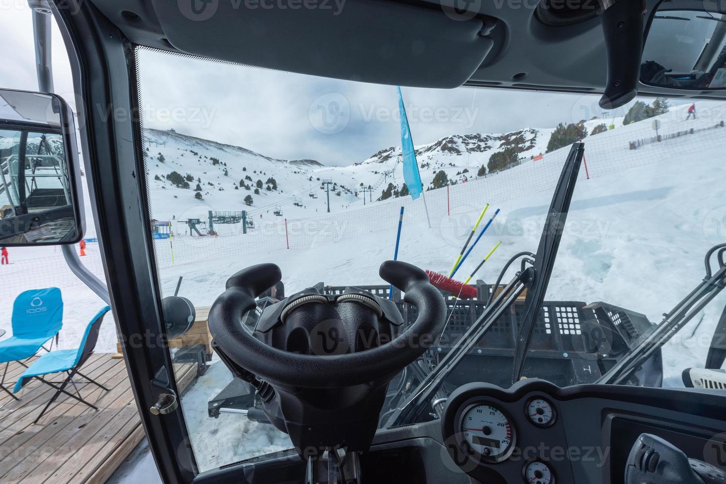 From Inside A snow groomers Pisten Bully 600 at the Grandvalira ski resort in 2022. photo