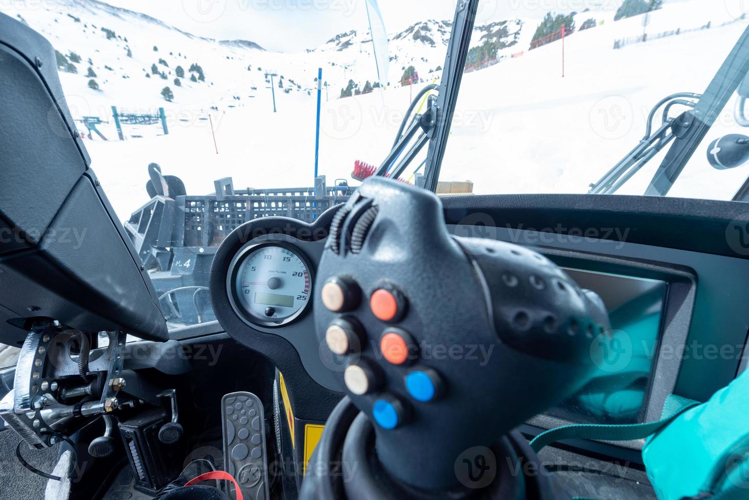 From Inside A snow groomers Pisten Bully 600 at the Grandvalira ski resort in 2022. photo