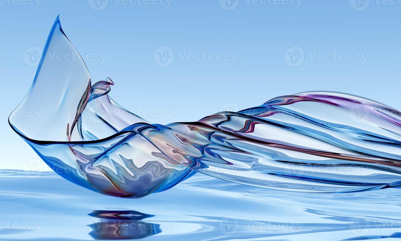 3d abstract glossy wavy background. Transparent glass ribbon flying on water reflection surface.  Iridescent realistic 3d high quality render photo