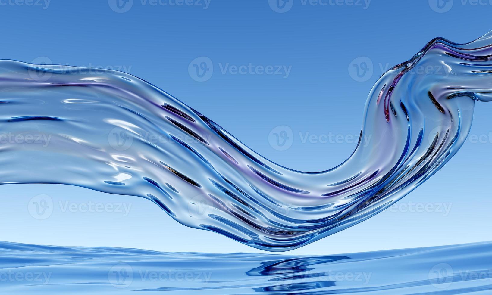 3d abstract glossy wavy background. Transparent glass ribbon flying on water reflection surface.  Iridescent realistic 3d high quality render photo