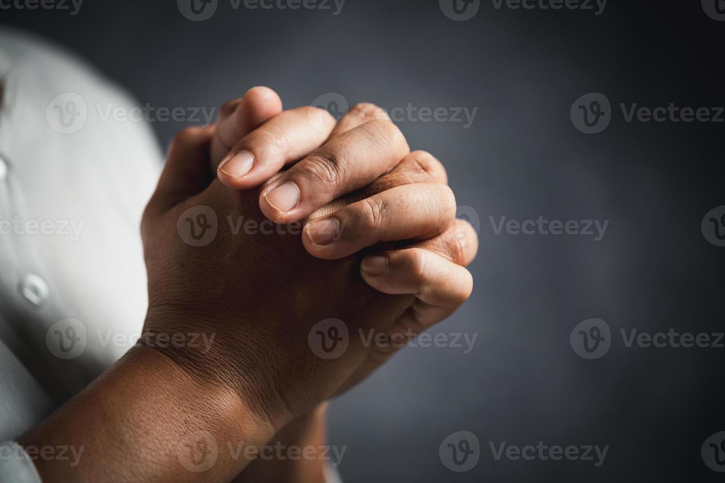 Christianity religion concept. Christian life crisis prayer to god. Woman pray for god blessing to wishing have better life.Woman hand worship to god. Begging for forgiveness and believe in goodness. photo