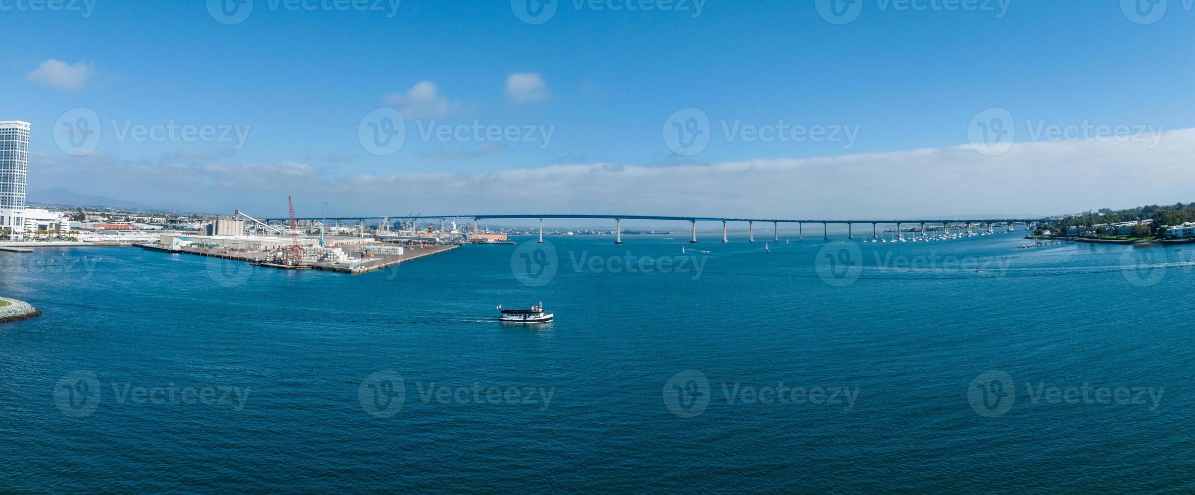 Panorama aerial view of Coronado Bridge with San Diego skyline photo