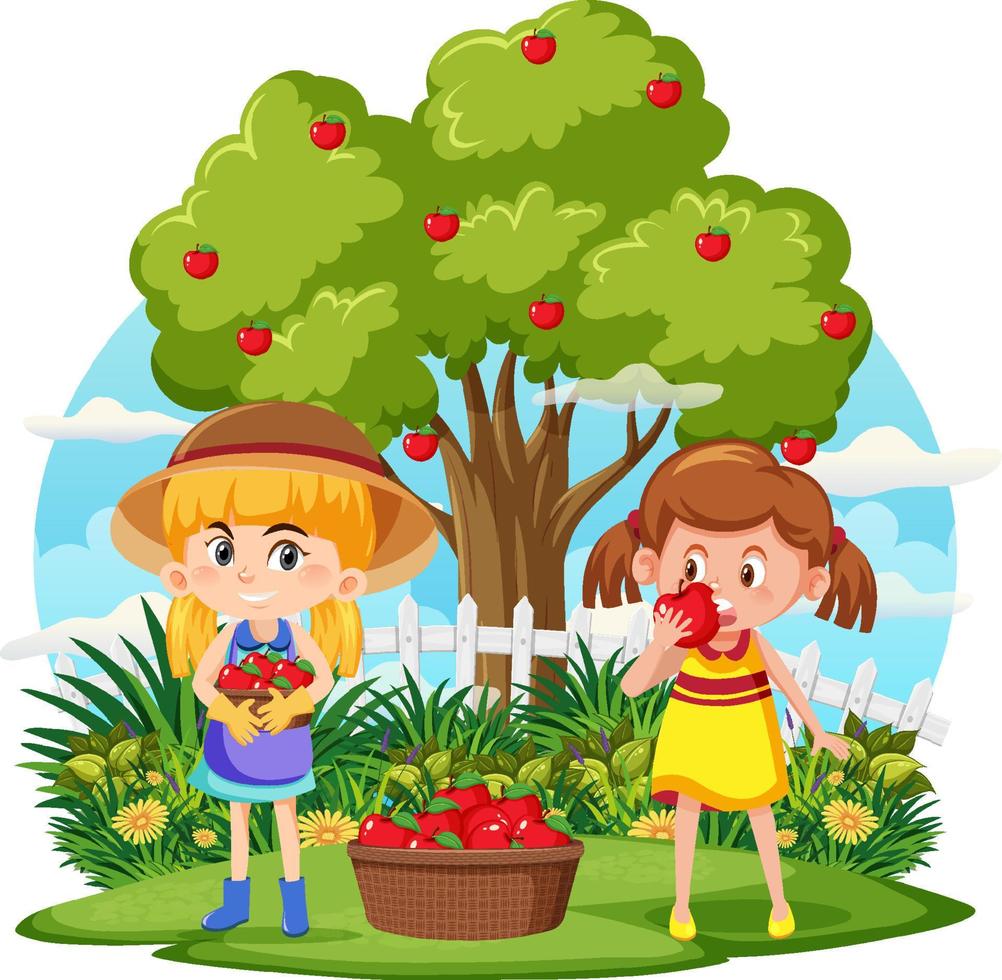 Children picking fruit outdoor scene isolated vector