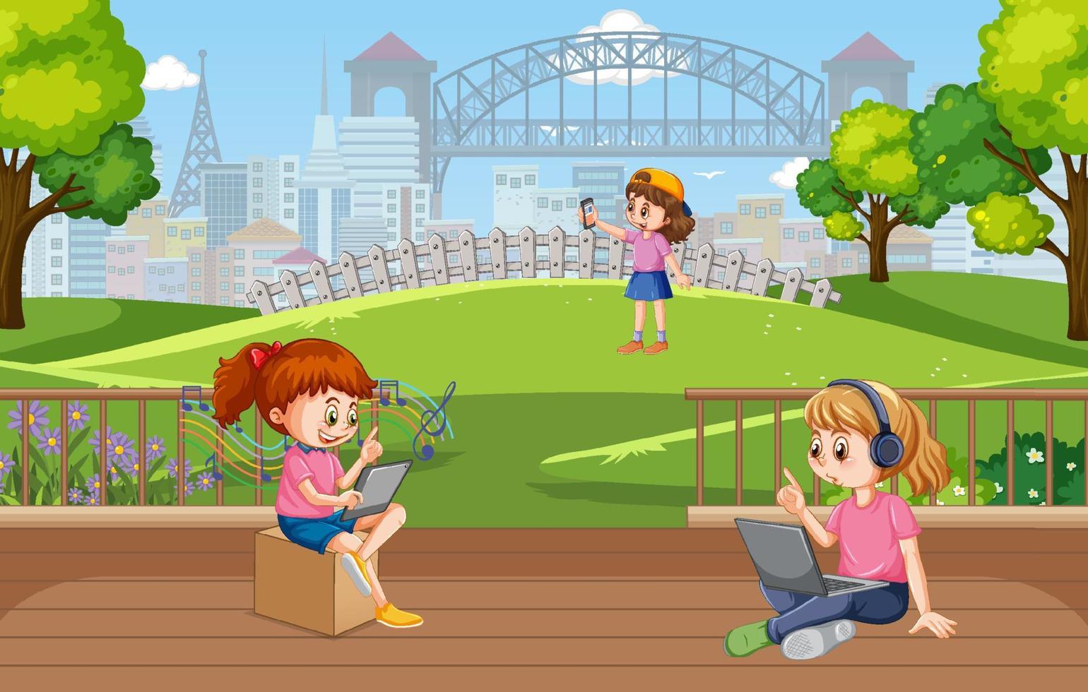 Outdoor scene with people using technology devices vector
