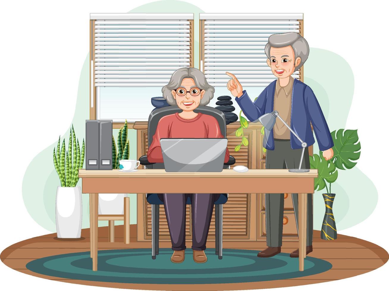 Senior couple using laptop at home vector