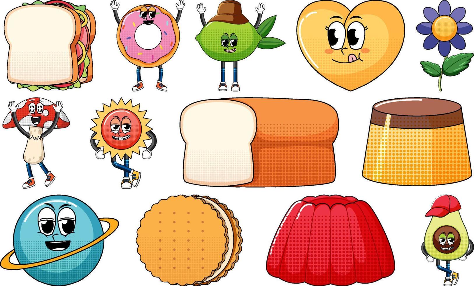 Set of objects and foods cartoon characters vector