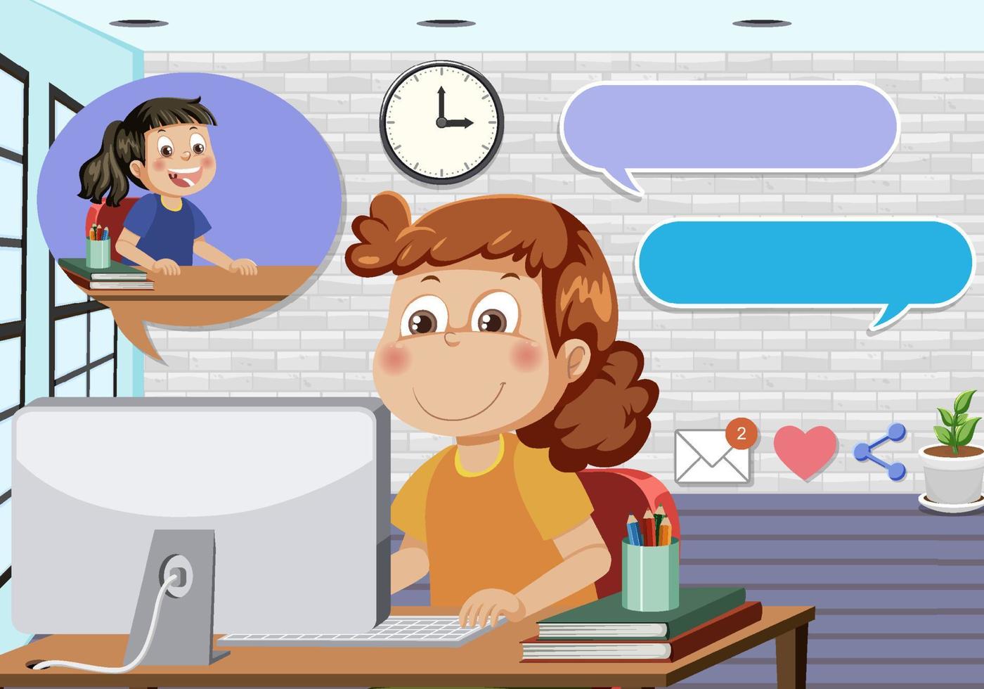 una niña usando dibujos animados de computadora vector