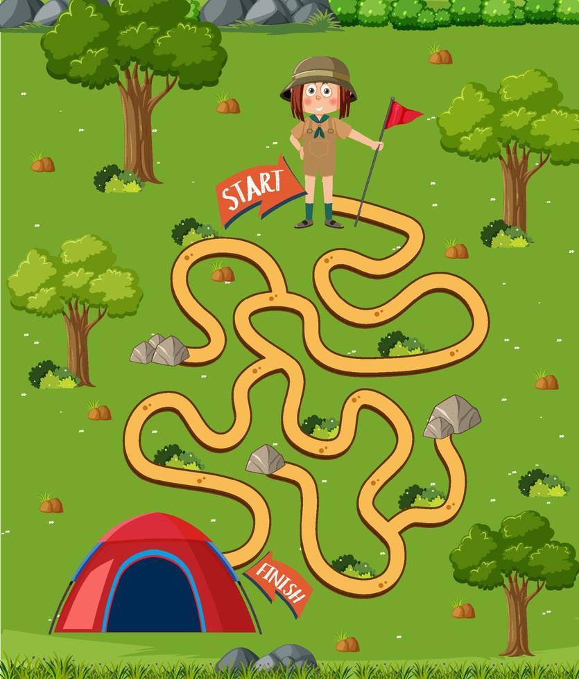 plantilla de juego de laberinto en tema de camping para niños vector