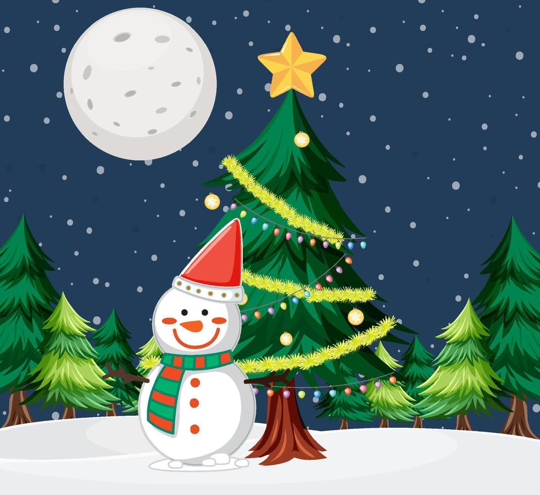 Snowman under Christmas tree outdoor background vector