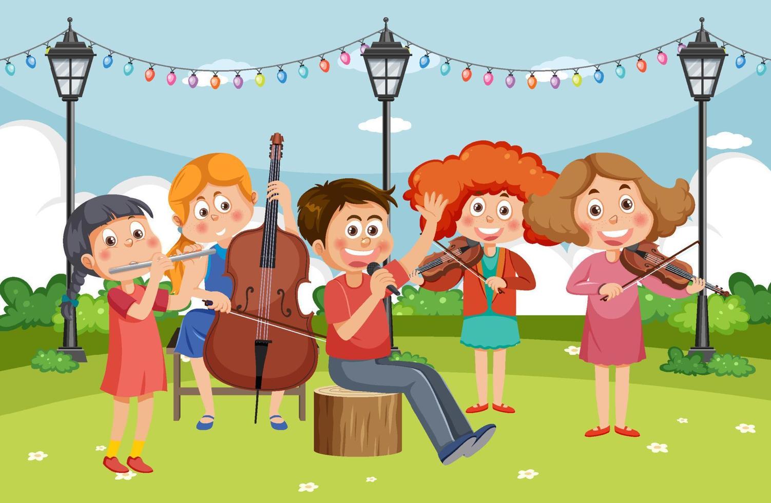 banda de música infantil tocando instrumento musical vector