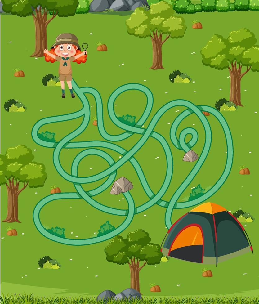 Maze game template in camping theme for kids vector