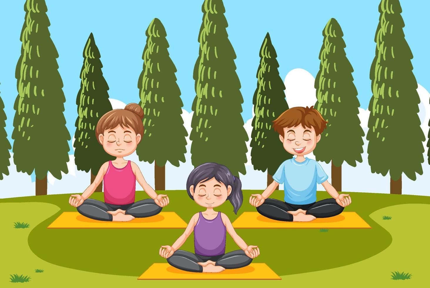 People doing yoga at park vector