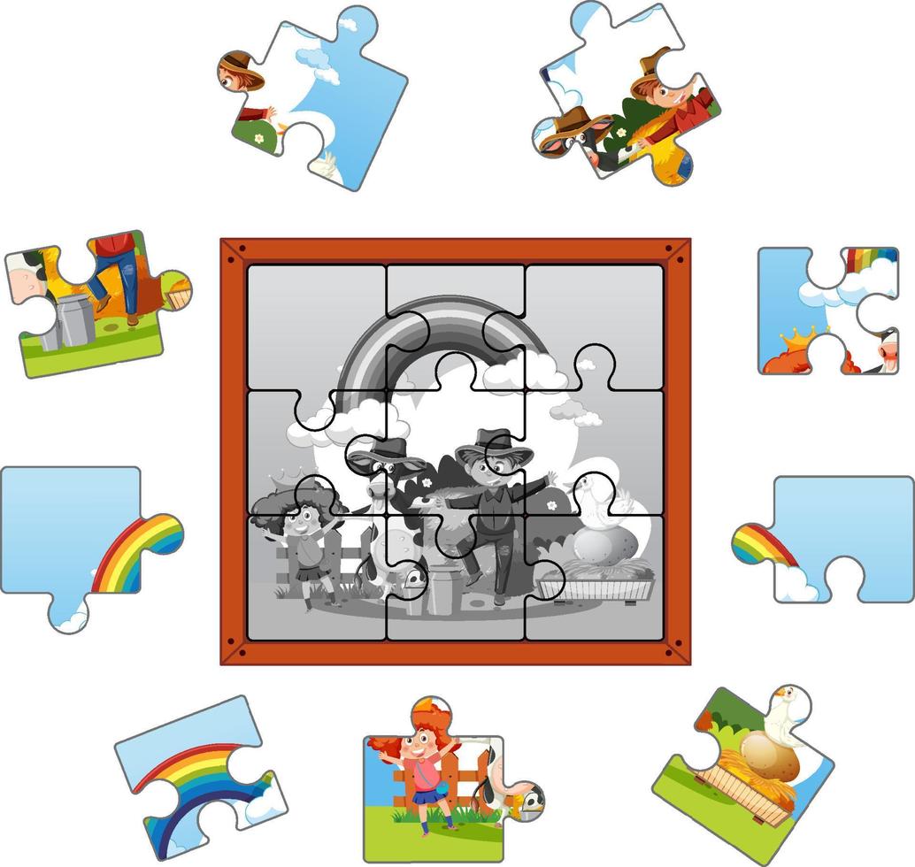 Farm characters photo puzzle game template vector