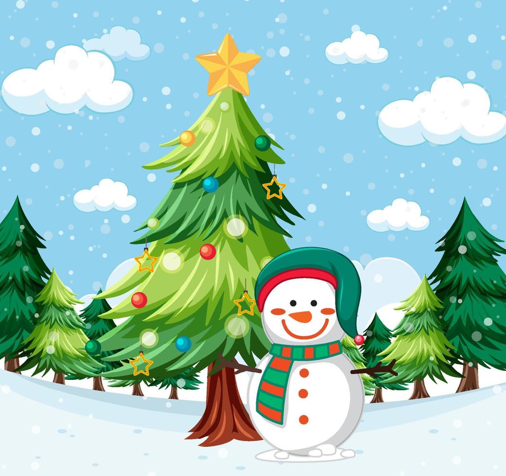 muñeco de nieve bajo el fondo del árbol de navidad al aire libre vector