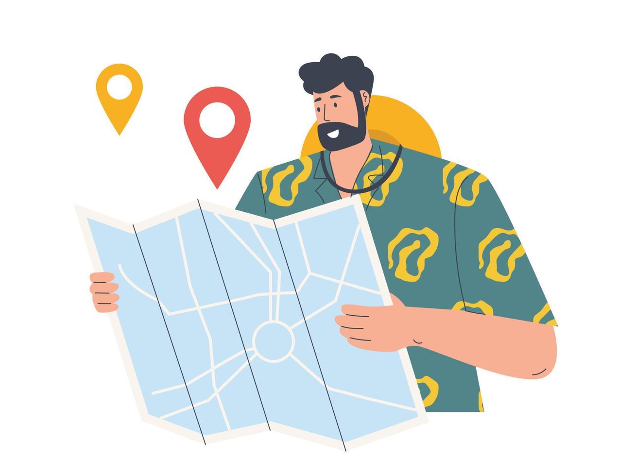 Man traveller looking into map to see the road vector