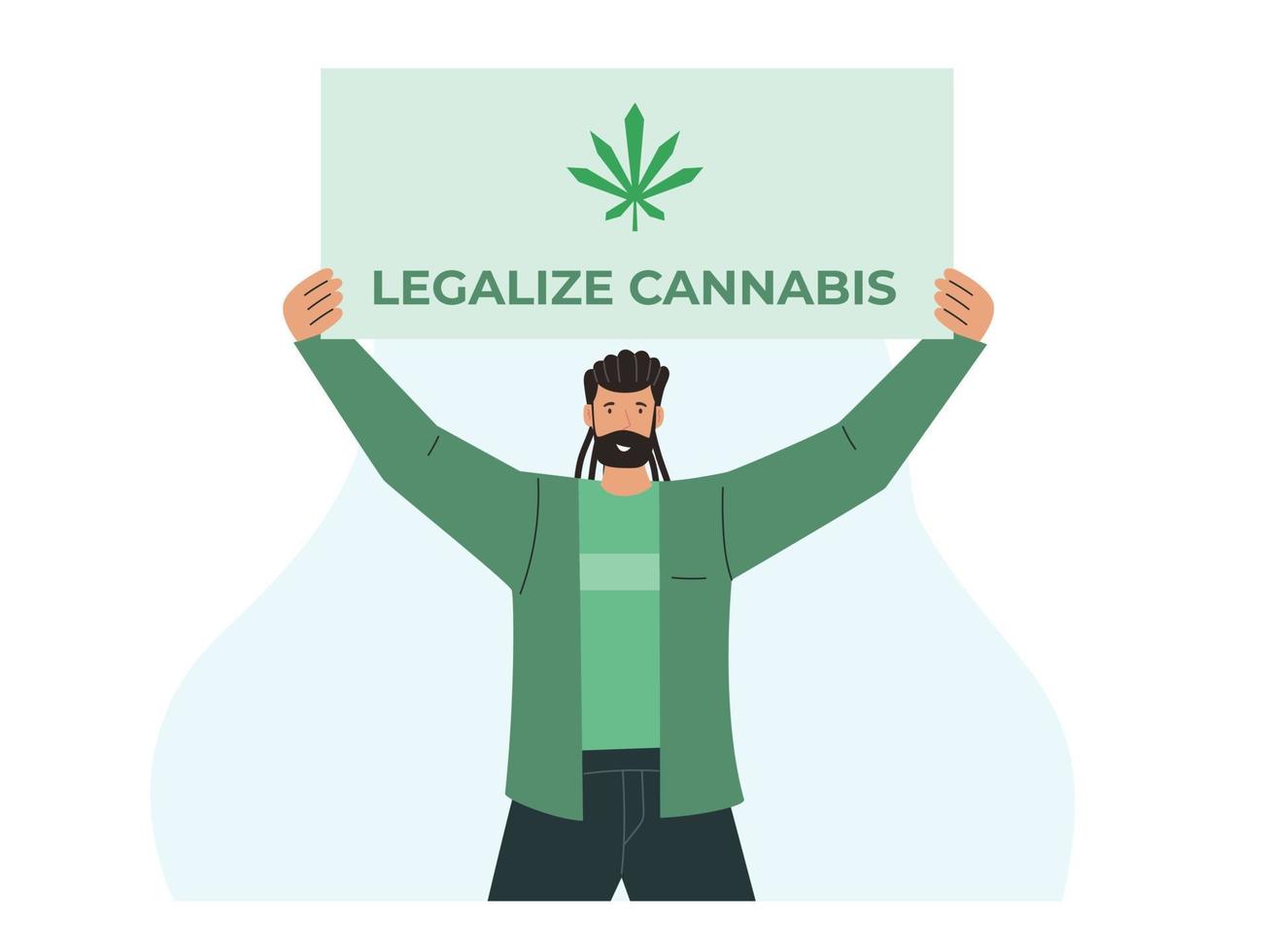 Man holding legalize cannabis, protest poster medical marijuana vector
