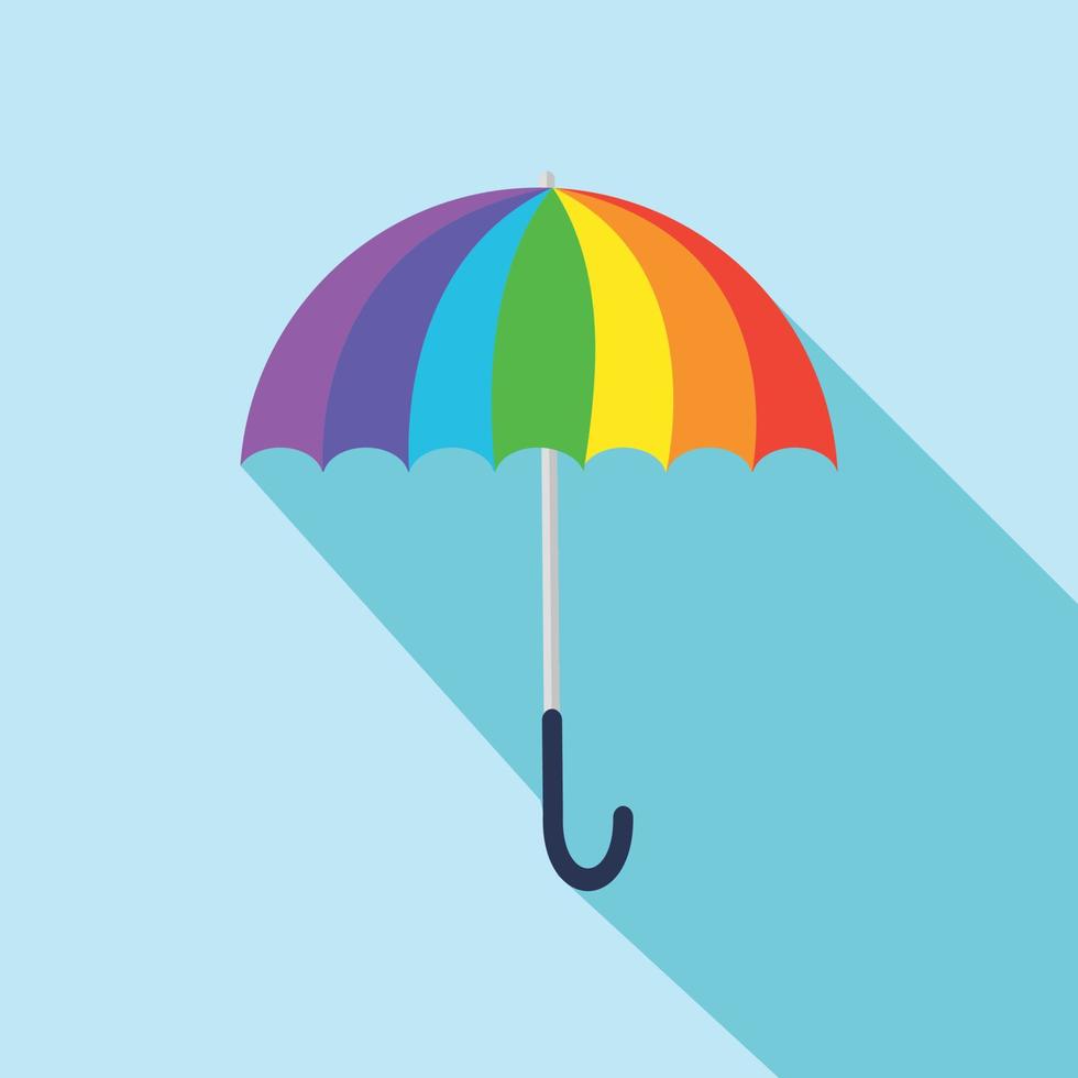 Rainbow umbrella with long shadow isolate on blue background. vector