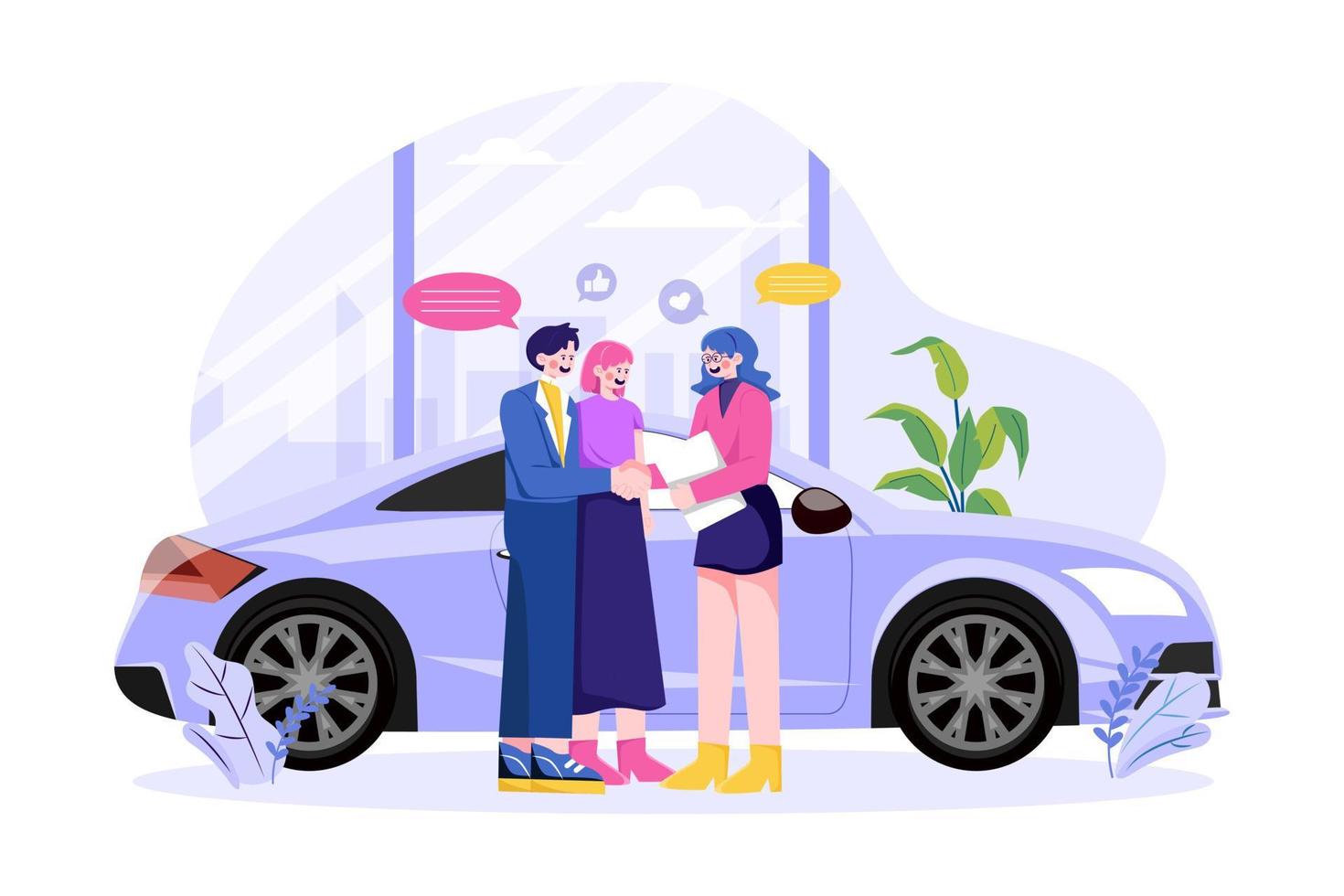 clientes felices pareja apretón de manos con un gerente en un salón de automóviles vector