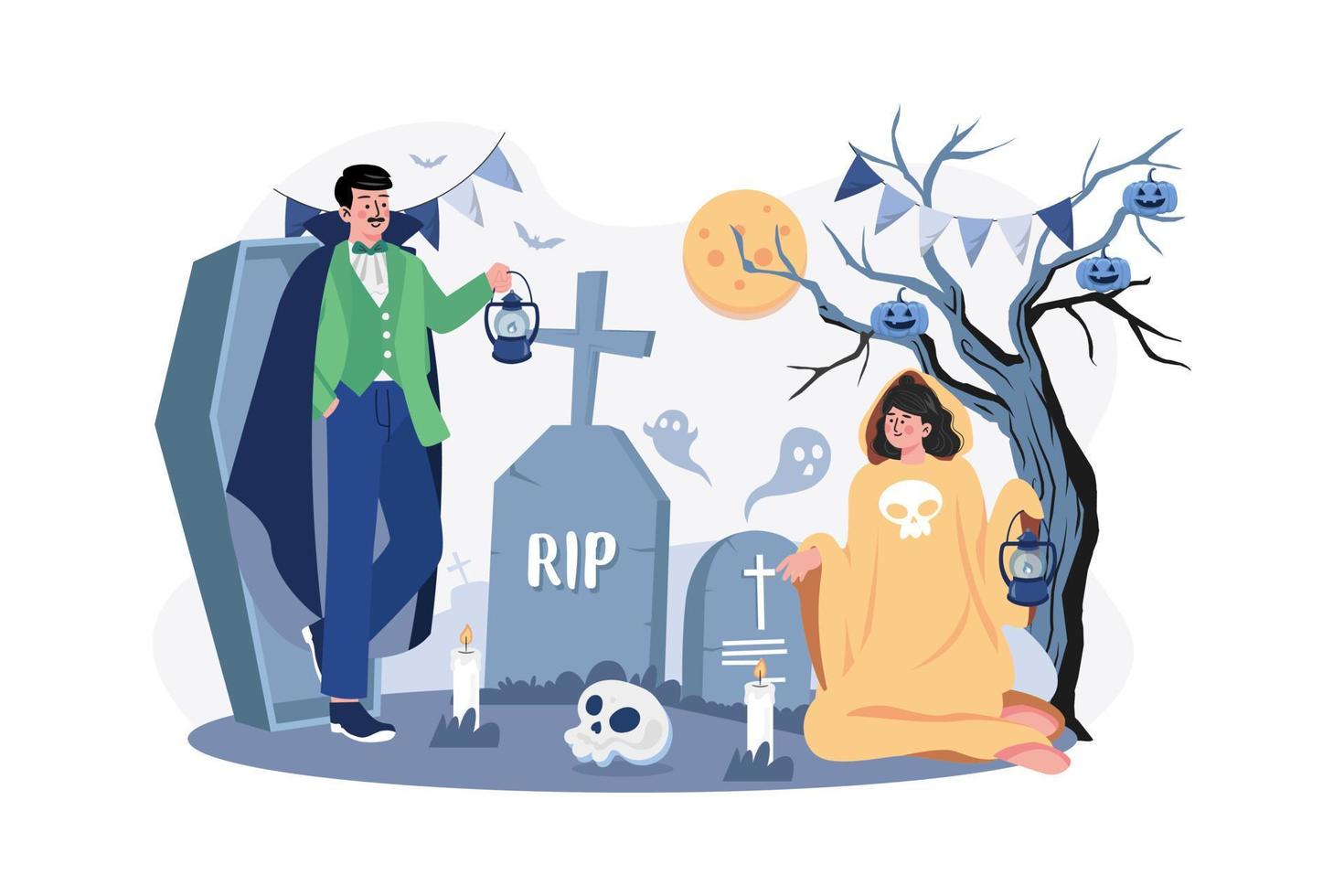 The Couple Dressed Up As Demons And Ghosts With Tombstones, Skulls, And Candles. vector