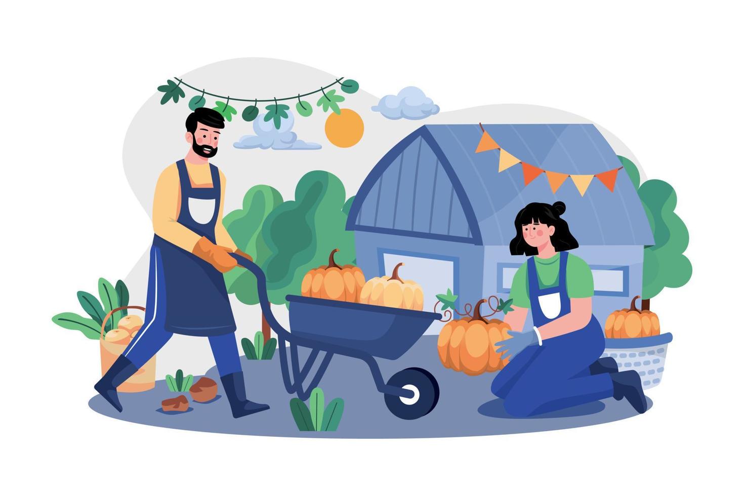 The Couple Is Preparing Pumpkins For Thanksgiving Day vector